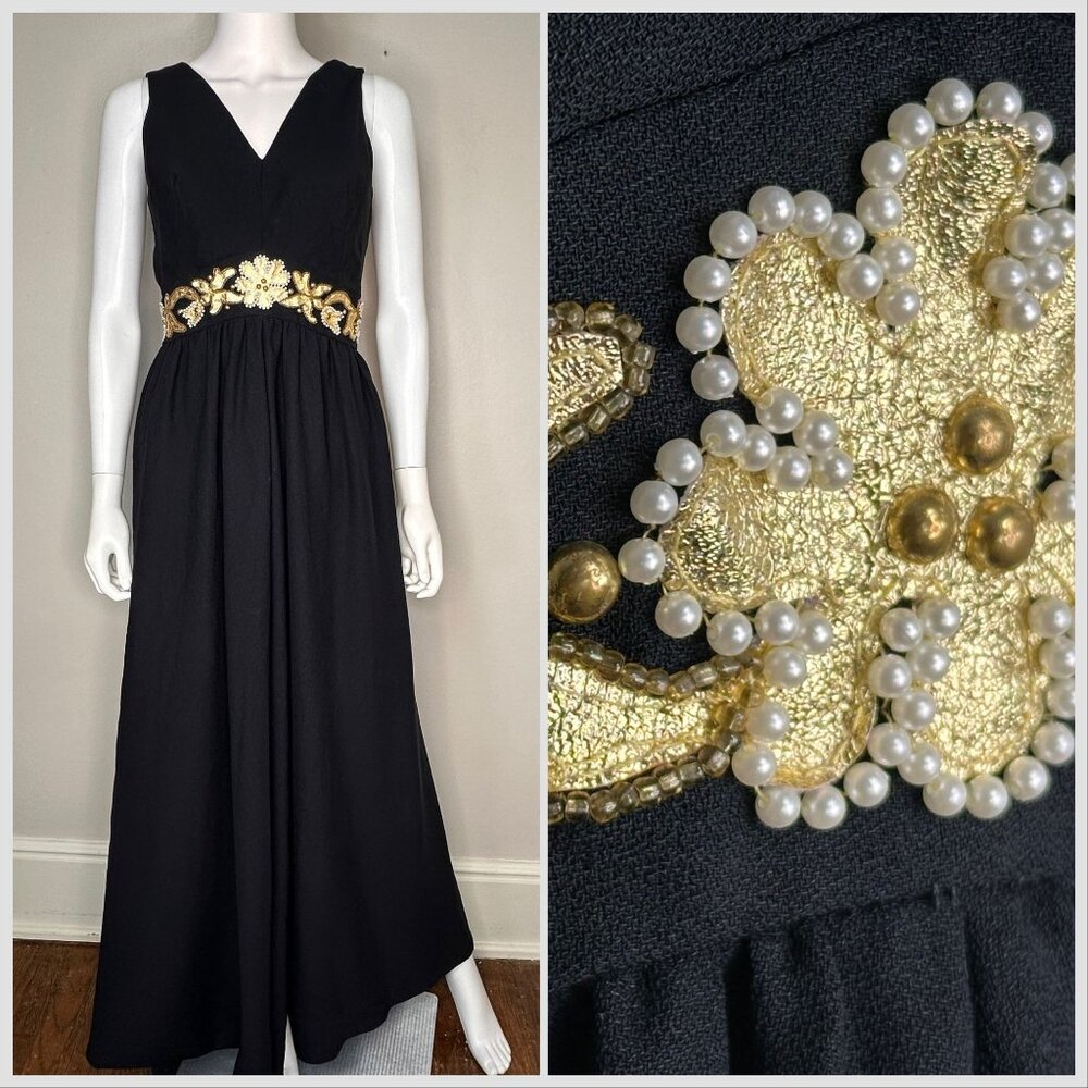 Vintage 1960s/70s Black Wide Leg Jumpsuit, Gold Floral Embellishment Size XS